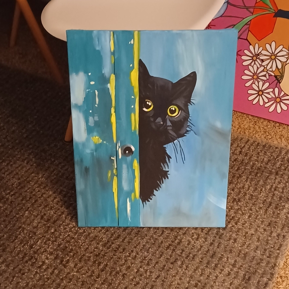Black Cat Canvas Art with Blue and Yellow Accents Original Acrylic